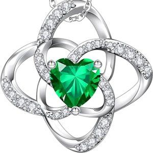 May Emerald Green Birthstone Love Knot Necklace: 925 Sterling Silver Chain